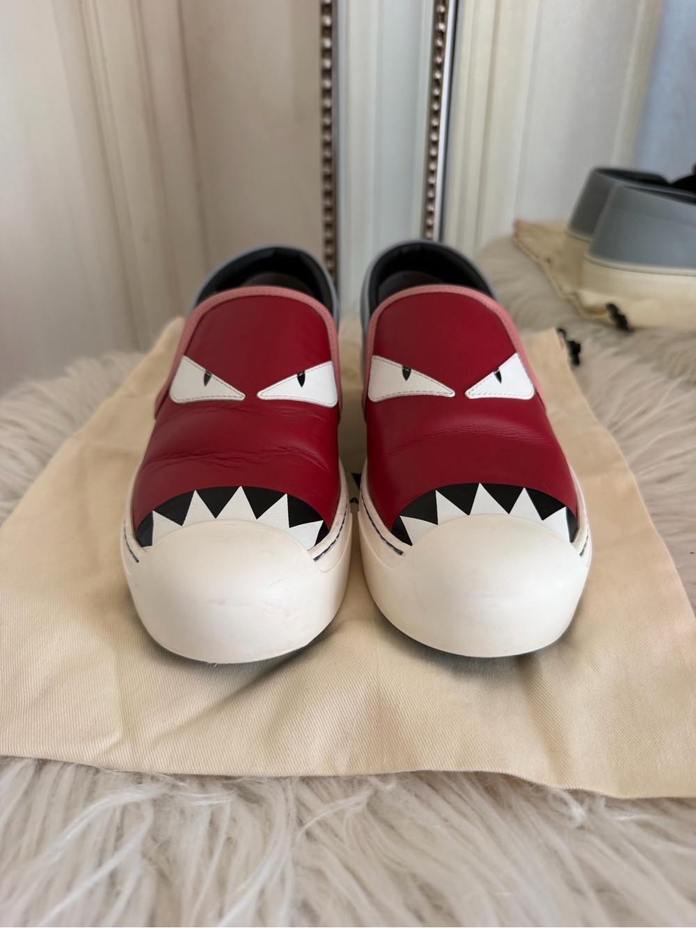 Fendi Red Leather Monster Slip-On Sneakers